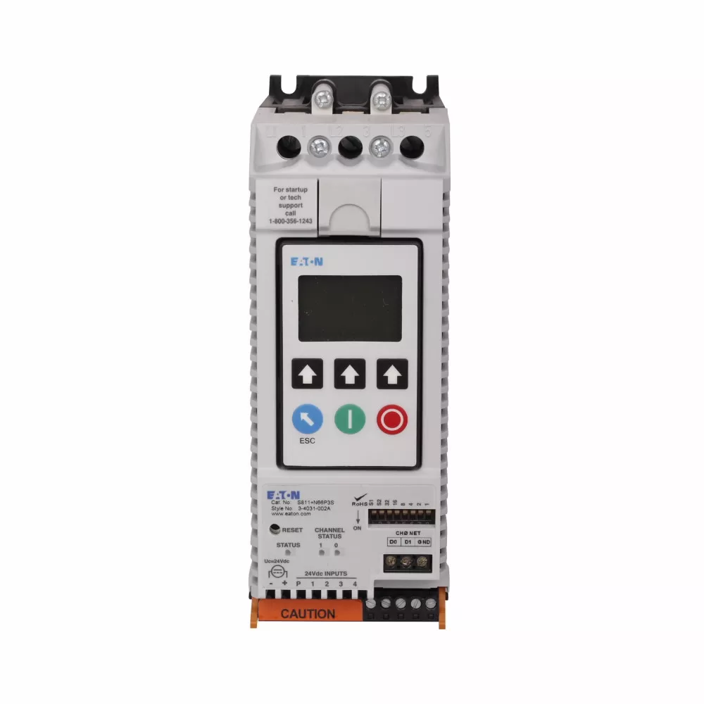 Cutler-Hammer S811+N66P3S S811+ soft starter, with Digital Interface Module, 66 A, N-frame, Premium, 600 V rated, Level/Edge Sense, Three-pole, 24 V power, 200-600 V operating voltage, 47-63 Hz, 1-2 con