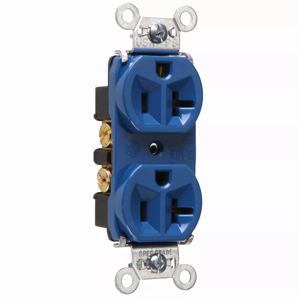 Pass & Seymour 5362-BL Hard Use Spec Grade Duplex Receptacle, Back & Side Wire, 20A 125V - Blue