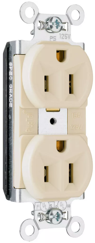 Pass & Seymour PT5262-I PlugTail™ Spec Grade Duplex Receptacle, 15A 125V - Ivory