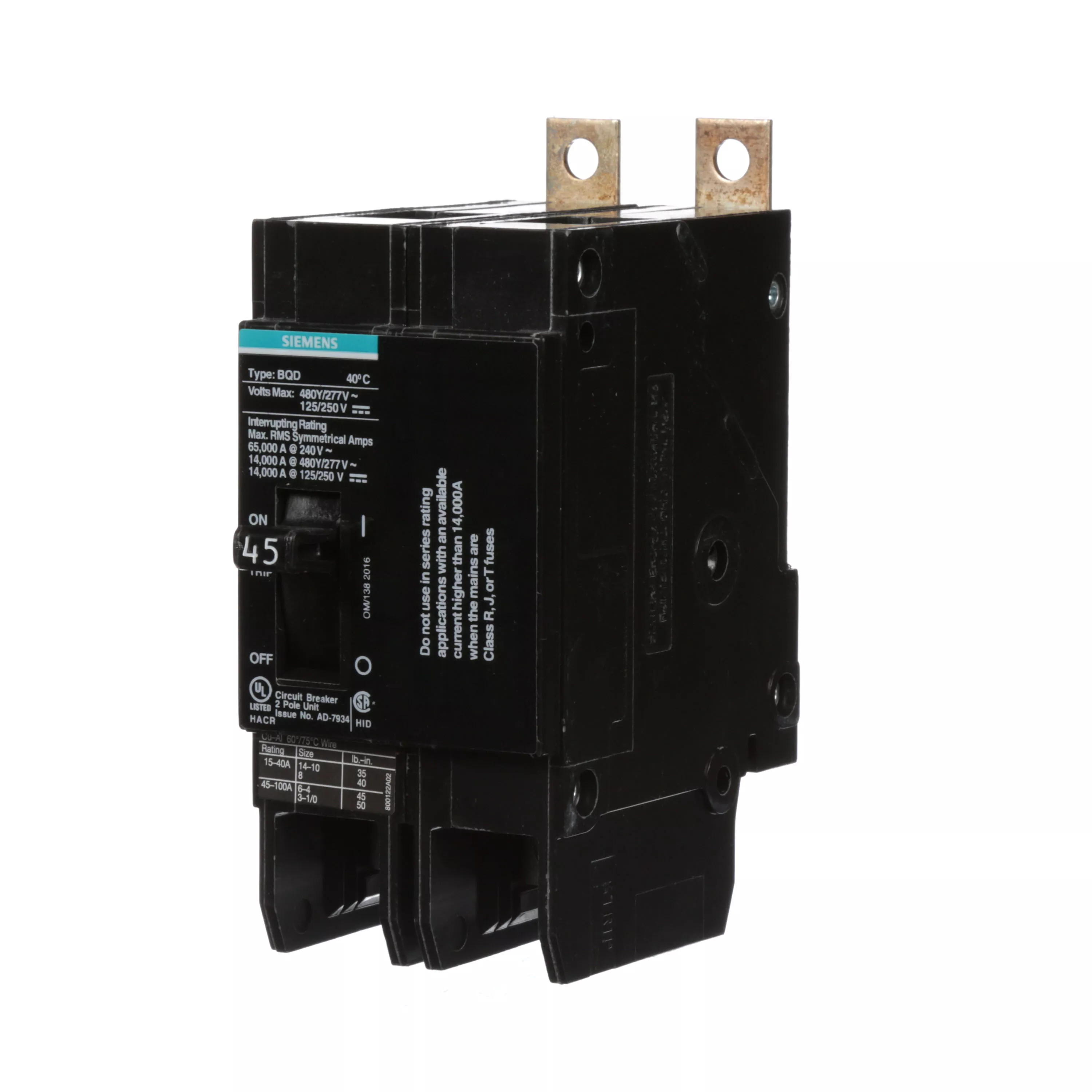 Siemens BQD245 2-Pole 45 Amp 277/480 VAC Molded Case Circuit Breaker