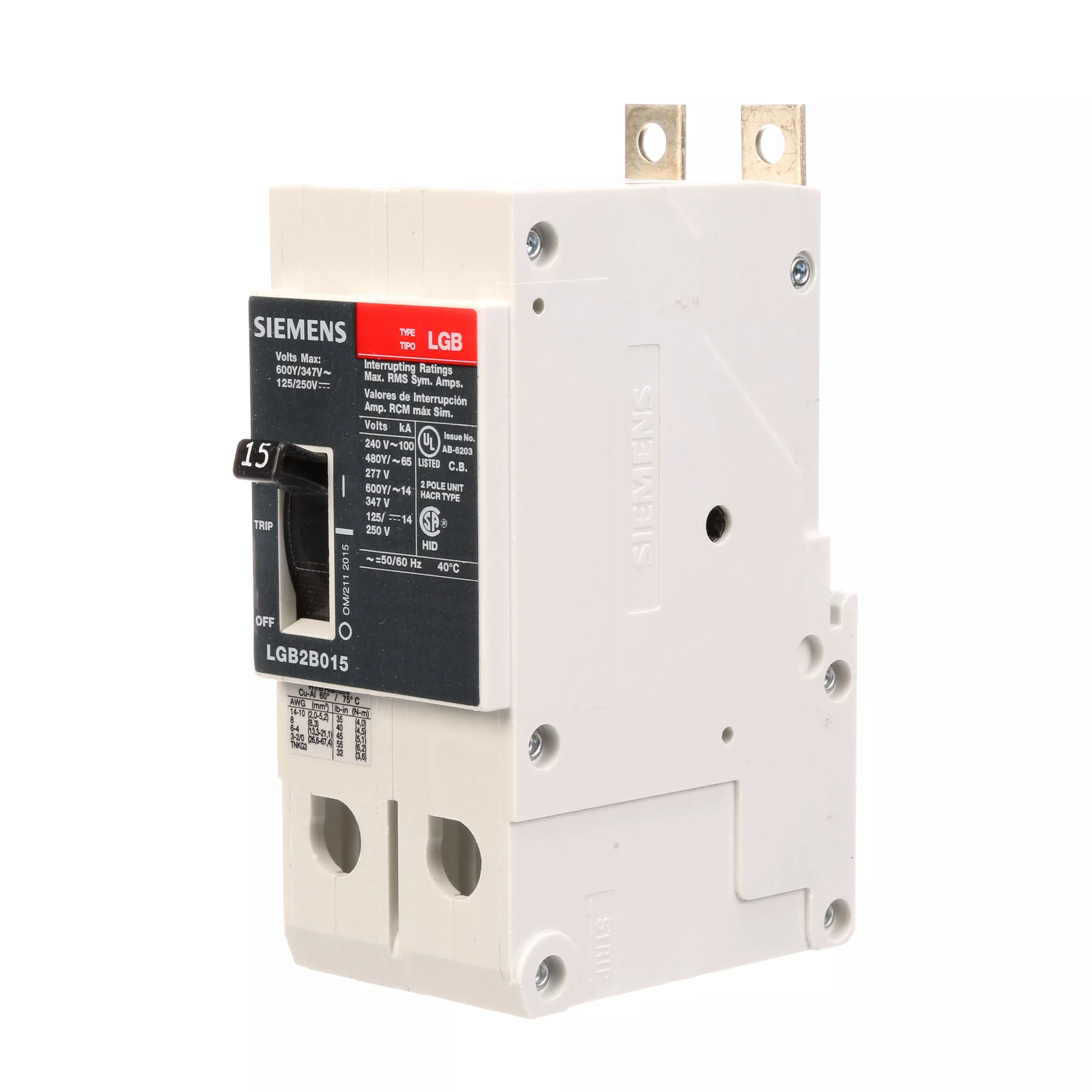 Siemens LGB2B015B BRKR LGB 15A 2P 480Y