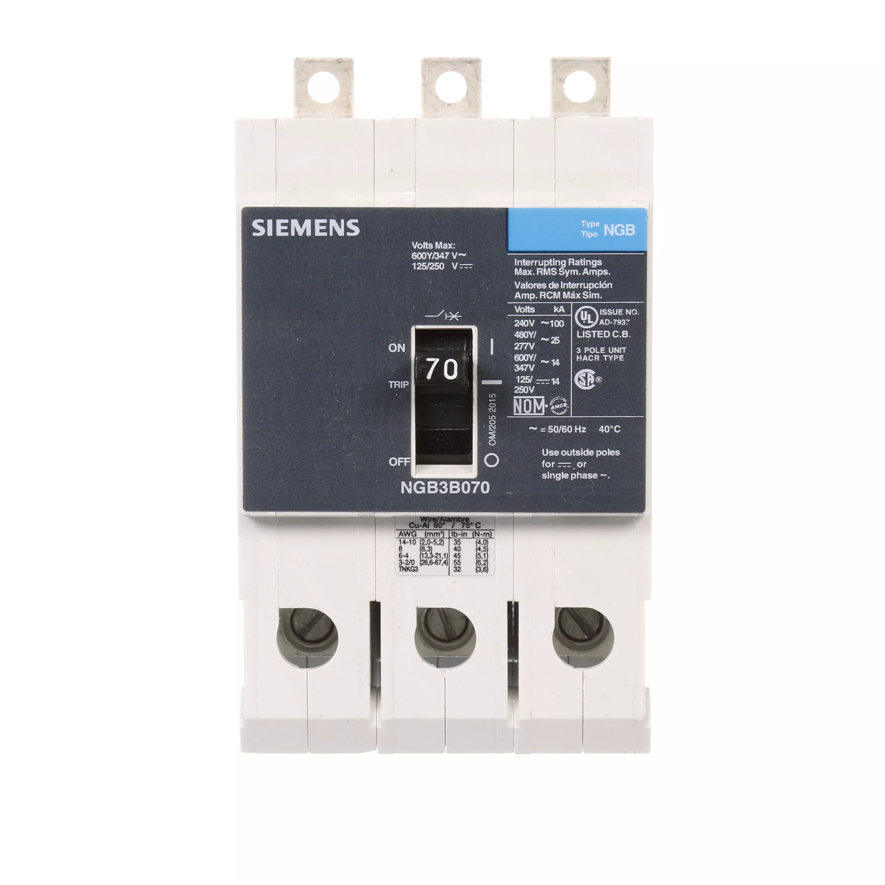 Siemens NGB3B070B 3-Pole 70 Amp 600 Volt 14 kA Molded Case Circuit Breaker