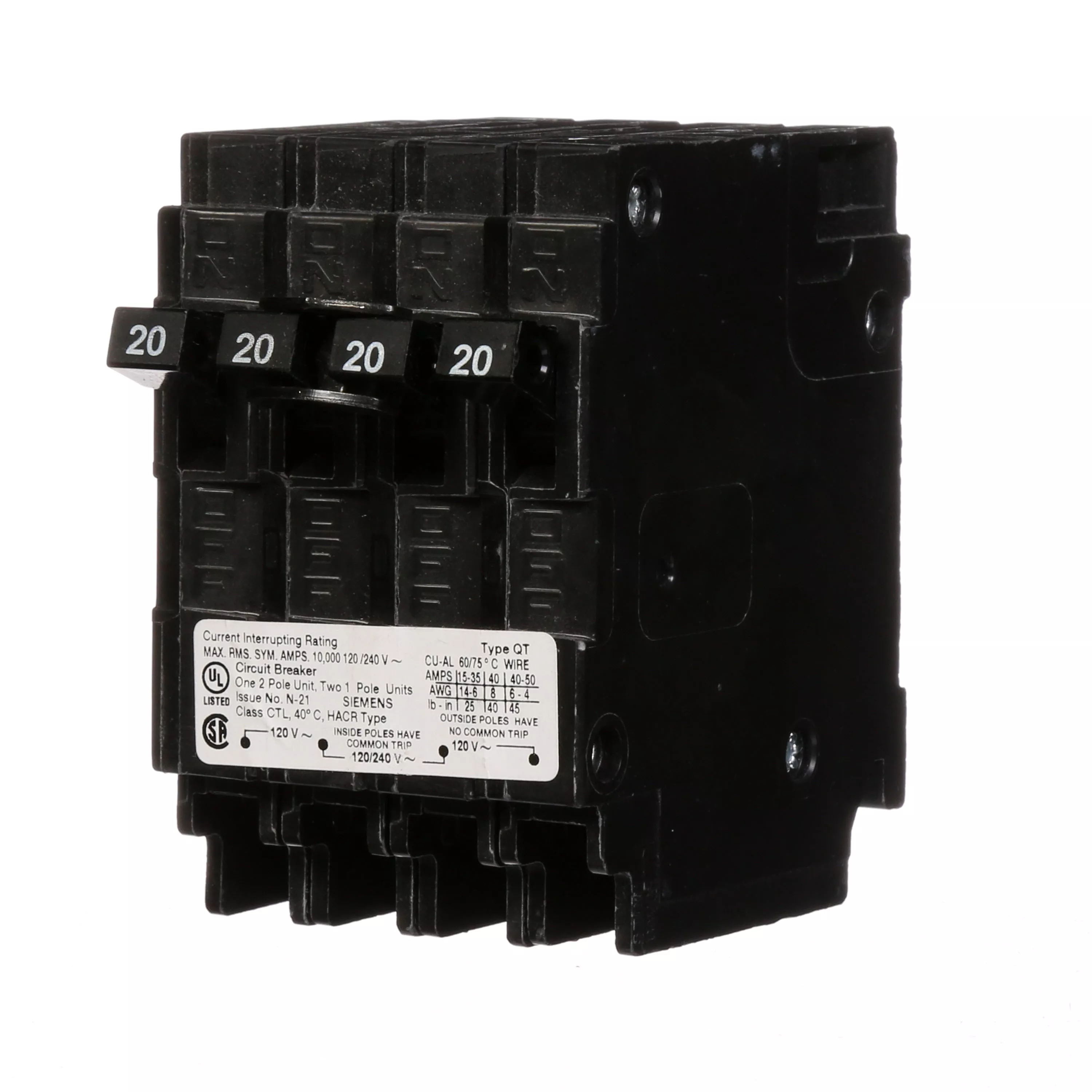 Siemens Q22020CT Triplex Circuit Breaker, Single-Pole 20A, 2-Pole 20A Common-Trip, 120/240V AC, Plug-In, 10kA
